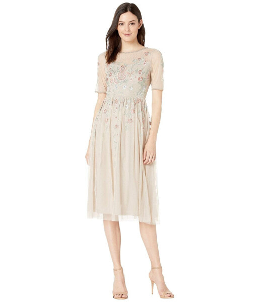 Adrianna Papell Floral Beading Tea-Length Cocktail Dress Biscotti 10