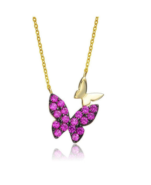 Kids/Young Teens Sterling Silver 14k Yellow Gold Plated with Ruby Cubic Zirconia Double Butterfly Layering Necklace