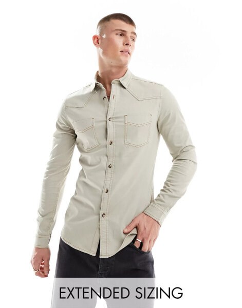 ASOS DESIGN slim western denim shirt with contrast stitching in stone