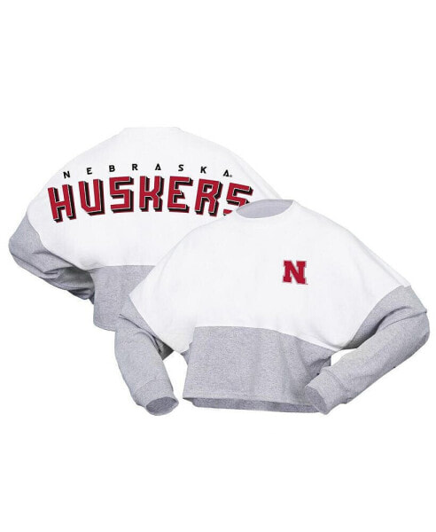 Women's White Nebraska Huskers Heather Block Cropped Long Sleeve Jersey T-shirt