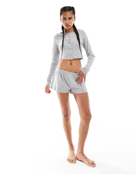 Monki co-ord cotton pointelle jersey shorts in grey melange