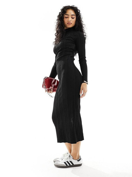 Pimkie high neck long sleeve knitted ribbed maxi dress with back cut out in black