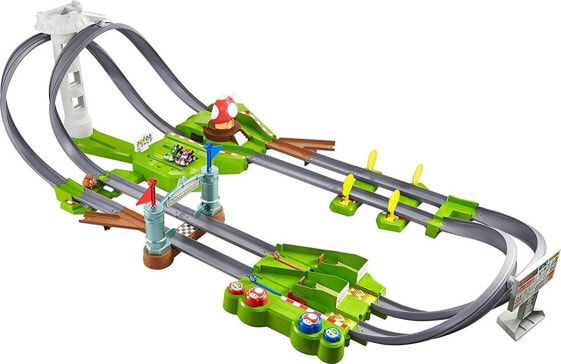 Детский автотрек Mario Kart Hot Wheels. Длина трассы 150 см. В комплекте 2 машинки. С 5 лет. Серый, зеленый.