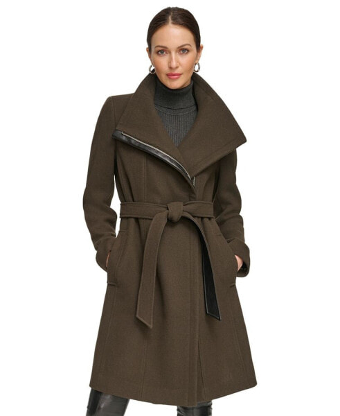 Women's Asymmetrical Belted Funnel-Neck Wool Blend Coat