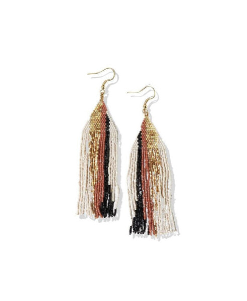 Camielle Abstract Stripe Beaded Fringe Earrings Mixed Metallic