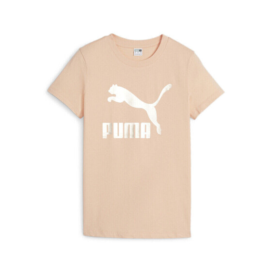 Puma Classics Shiny Logo Crew Neck Short Sleeve T-Shirt Womens Orange Casual Top