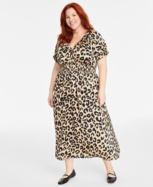 Trendy Plus Size Leopard-Print V-Neck Short-Sleeve Midi Dress, Created for Macy's