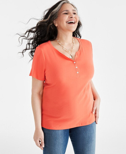 Plus Size Short-Sleeve Henley Top, Created for Macy's