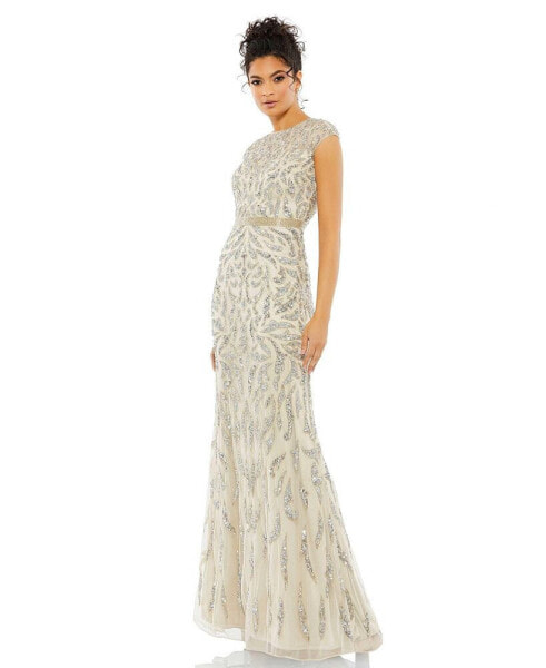 Women's Embellished Illusion Cap Sleeve Column Gown