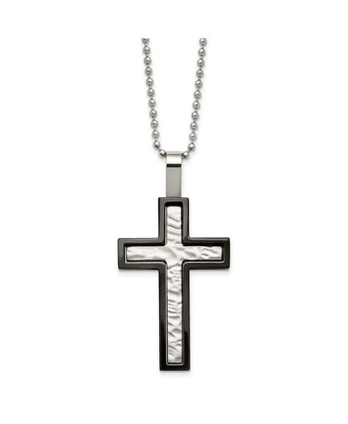 Chisel brushed Hammered Black IP-plated Cross Pendant Ball Chain