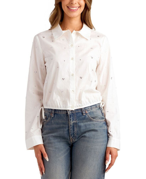 Juniors' Cotton Long-Sleeve Button-Front Embellished Top