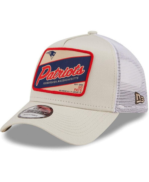Men's Khaki, White New England Patriots Happy Camper A-Frame Trucker 9FORTY Snapback Hat