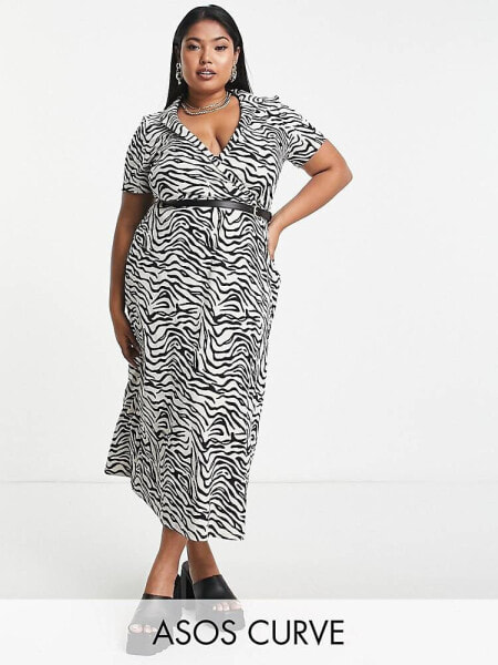 ASOS DESIGN Curve short sleeve midi wrap dress with belt in mono zebra print 