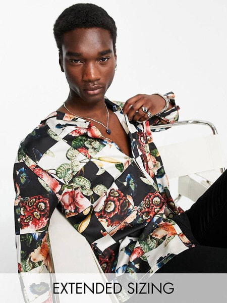 ASOS DESIGN relaxed revere satin shirt in floral checkerboard print