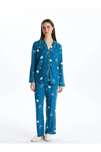 LCW DREAM Gömlek Yaka Baskılı Uzun Kollu Kadın Pijama Takımı