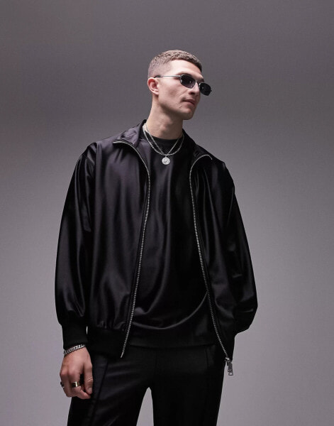 Topman oversized fit high shine zip through funnel in black