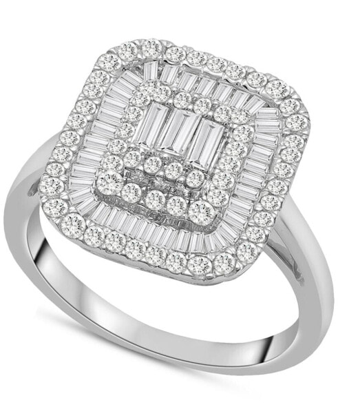 Diamond Round & Baguette Square Halo Cluster Ring (1 ct. t.w.) in 14k White Gold, Created for Macy's