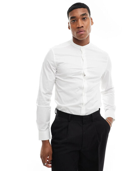 ASOS DESIGN easy iron slim fit poplin shirt with grandad collar in white