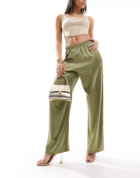 River Island satin palazzo wide leg trousers in khaki