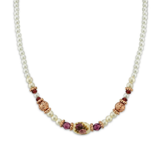 Rose Gold-Tone Simulated Pearl Purple Crystal Flower Beaded Necklace 15" Adjustable