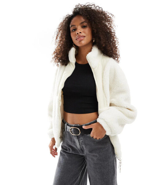 Bershka knitted collar shearling jacket in ecru