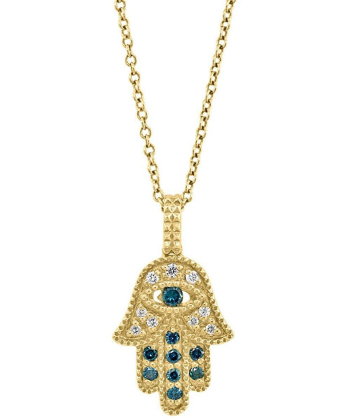 EFFY Collection eFFY® Blue & White Diamond Hamsa Hand 18" Pendant Necklace (1/5 ct. t.w.) in 14k Gold