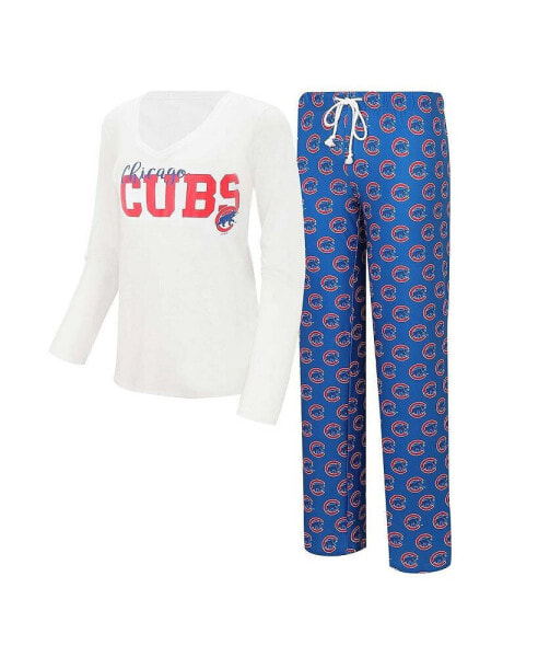 Women's White, Royal Chicago Cubs Long Sleeve V-Neck T-shirt and Gauge Pants Sleep Set