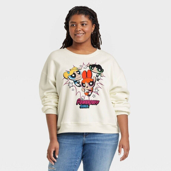 Powerpuff Girls Women's White Polyester Graphic Crewneck Sweatshirt Plus Size 1X