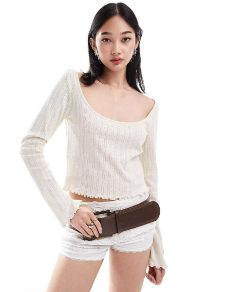 Monki pointelle long sleeve top with open neck in beige