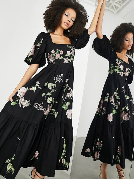 ASOS EDITION wild rose embroidered waisted puff sleeve midi dress in black