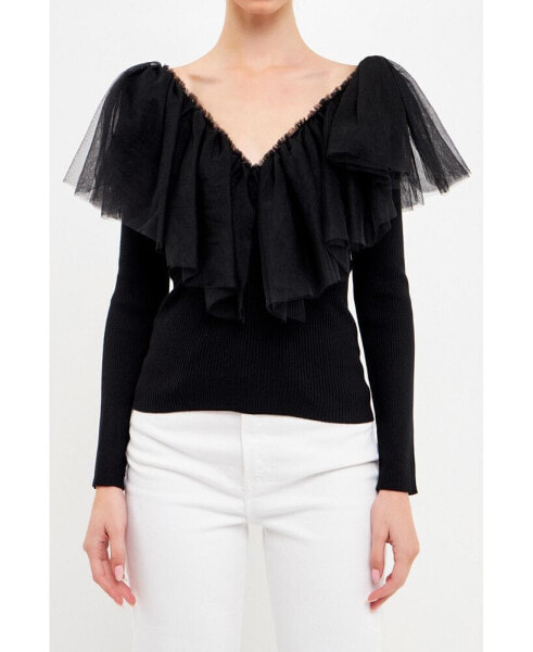 Women's Mixed Media Mesh Pleated Ruffle Top