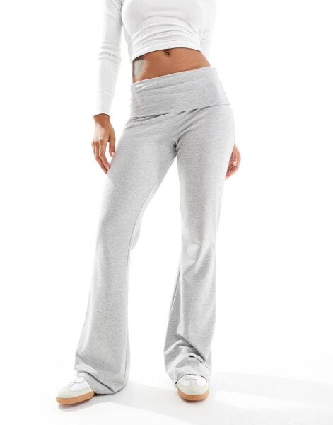 Pieces wellness fold over flared yoga style leggings in light grey melange