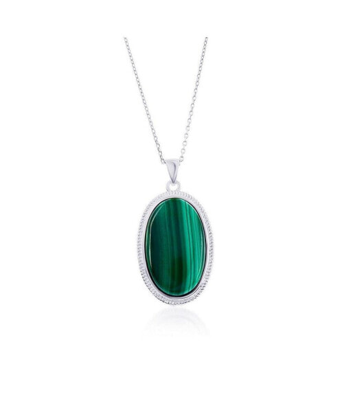 Sterling Silver or Gold plated over Sterling Silver Oval Malachite Beaded Border Pendant Necklace