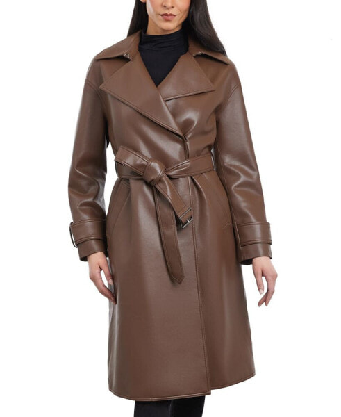 Women's Petite Faux-Leather Belted Trench Coat