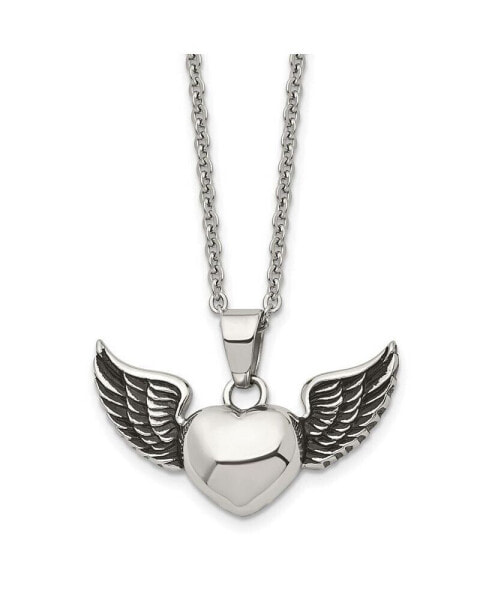 Chisel antiqued Heart with Wings Pendant Cable Chain Necklace