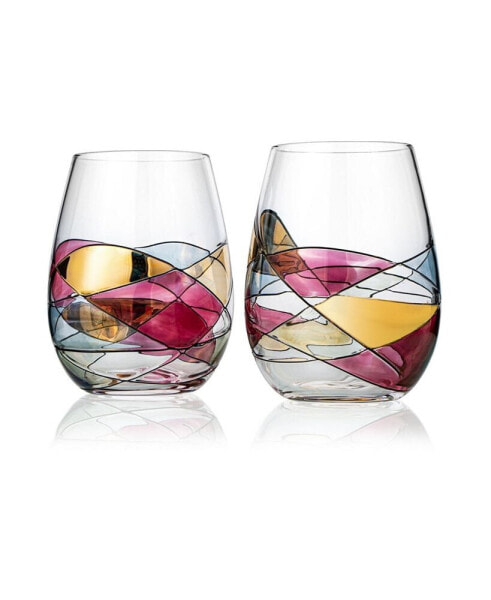 Artisanal Hand Painted Stemless Wine Glasses, Set of 2