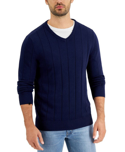 Men's Drop-Needle V-Neck Cotton Sweater, Created for Macy's