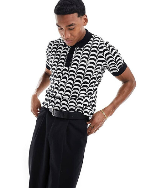 Fred Perry jaquard knit polo shirt in black