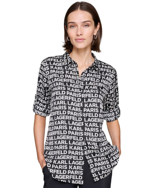 Petite Logo Print Roll-Tab-Sleeves Button-Front Shirt, First@Macy's