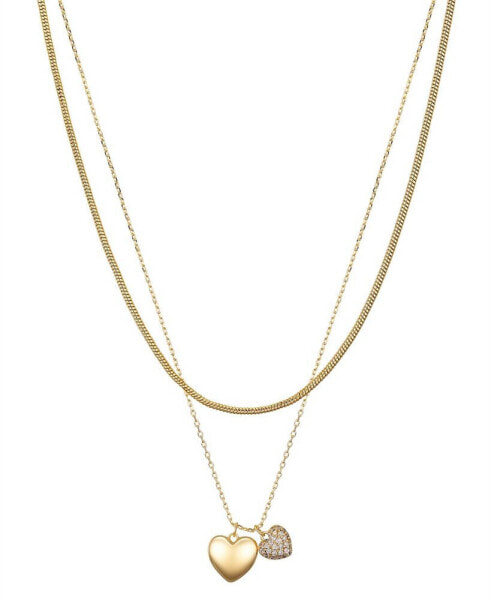 Cubic Zirconia Double Puff Heart Snake Chain Layered Pendant Necklace