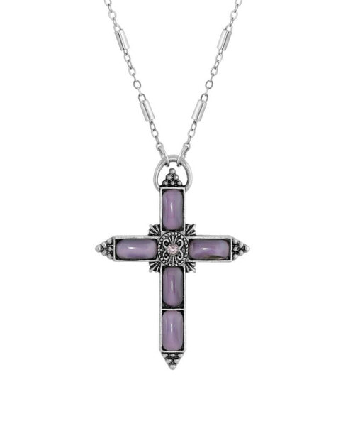 Silver-Tone Purple Moonstone Purple Crystal Cross 20" Necklace