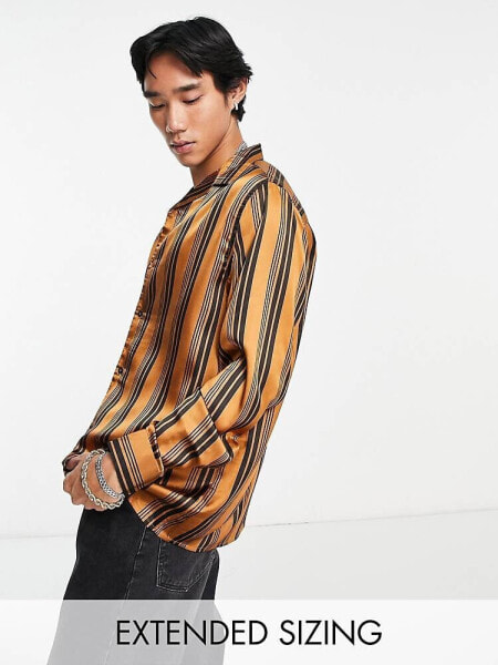 ASOS DESIGN relaxed revere shirt in brown satin stripe
