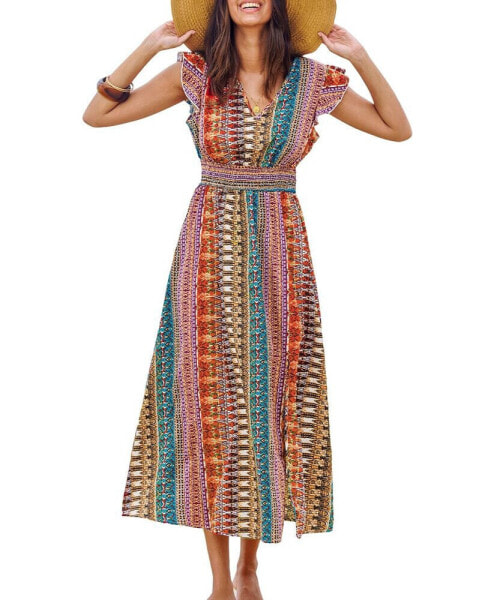 Women's Boho V-Neck Flutter Sleeve Maxi Beach Dress