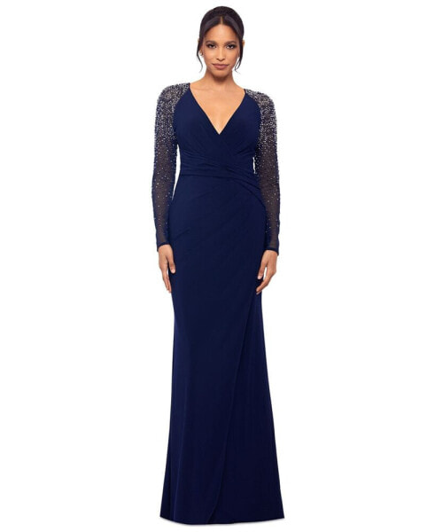 Petite Mesh-Sleeve V-Neck Evening Gown