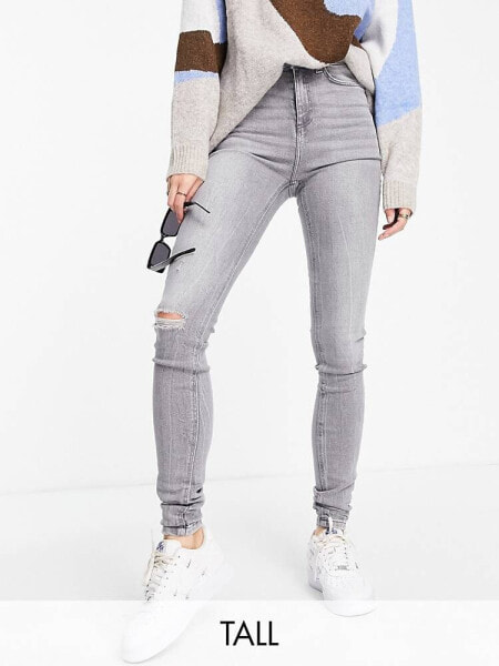 Noisy May Tall Callie high waisted ripped knee skinny jeans in light grey