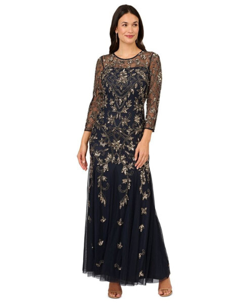 Petite Embellished Mesh 3/4-Sleeve Gown