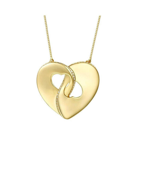 14k Gold Plated with Cubic Zirconia Modern Double Heart Half Cut-Out Entwined Necklace