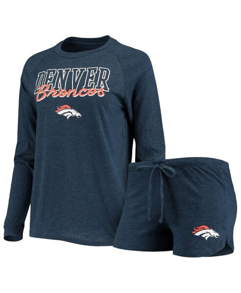 Women's Navy Denver Broncos Meter Knit Long Sleeve Raglan Top and Shorts Sleep Set