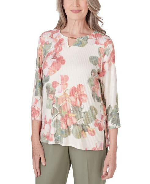 Petite Tuscan Sunset Floral-Print Embellished Textured Top