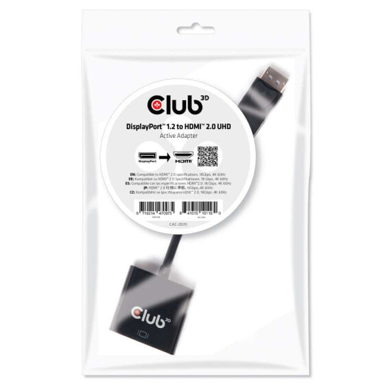 Club 3D DisplayPort 1.2 to HDMI 2.0 UHD Active Adapter - Displayport 1.2 - HDMI 2.0 - 0.21 m - Black